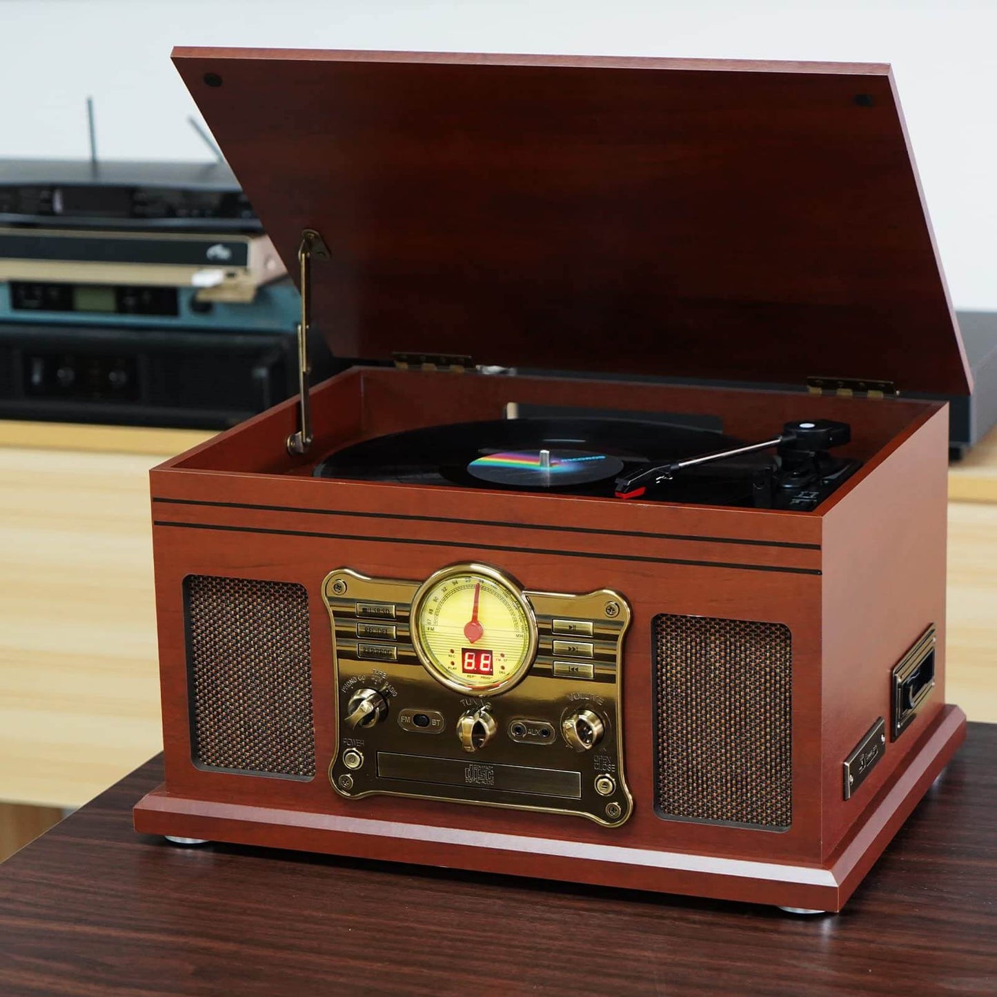 Multifunctional Turntable Bluetooth Record Player with Vinyl to MP3 Converter, CD, Cassette Player, and FM Radio