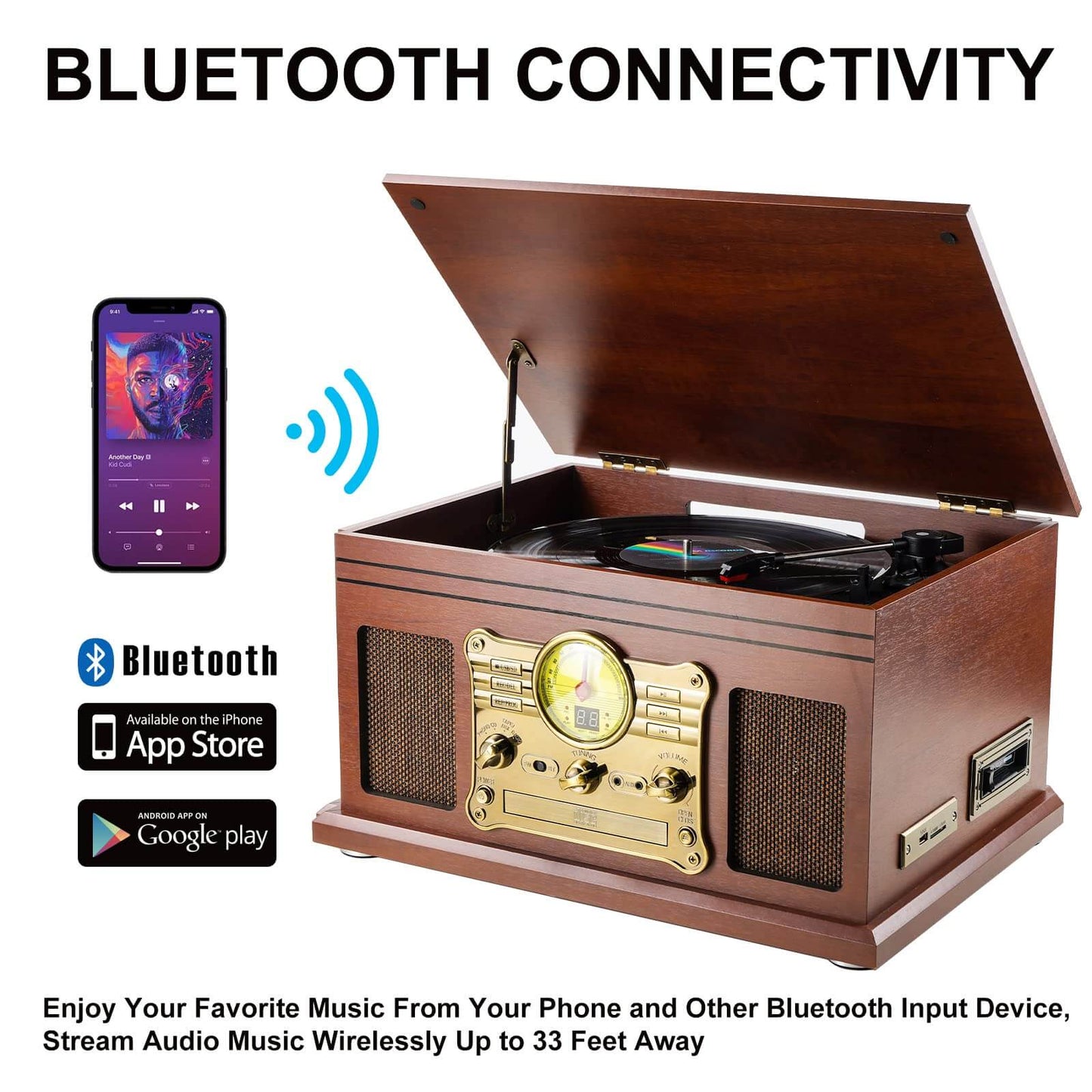 Multifunctional Turntable Bluetooth Record Player with Vinyl to MP3 Converter, CD, Cassette Player, and FM Radio