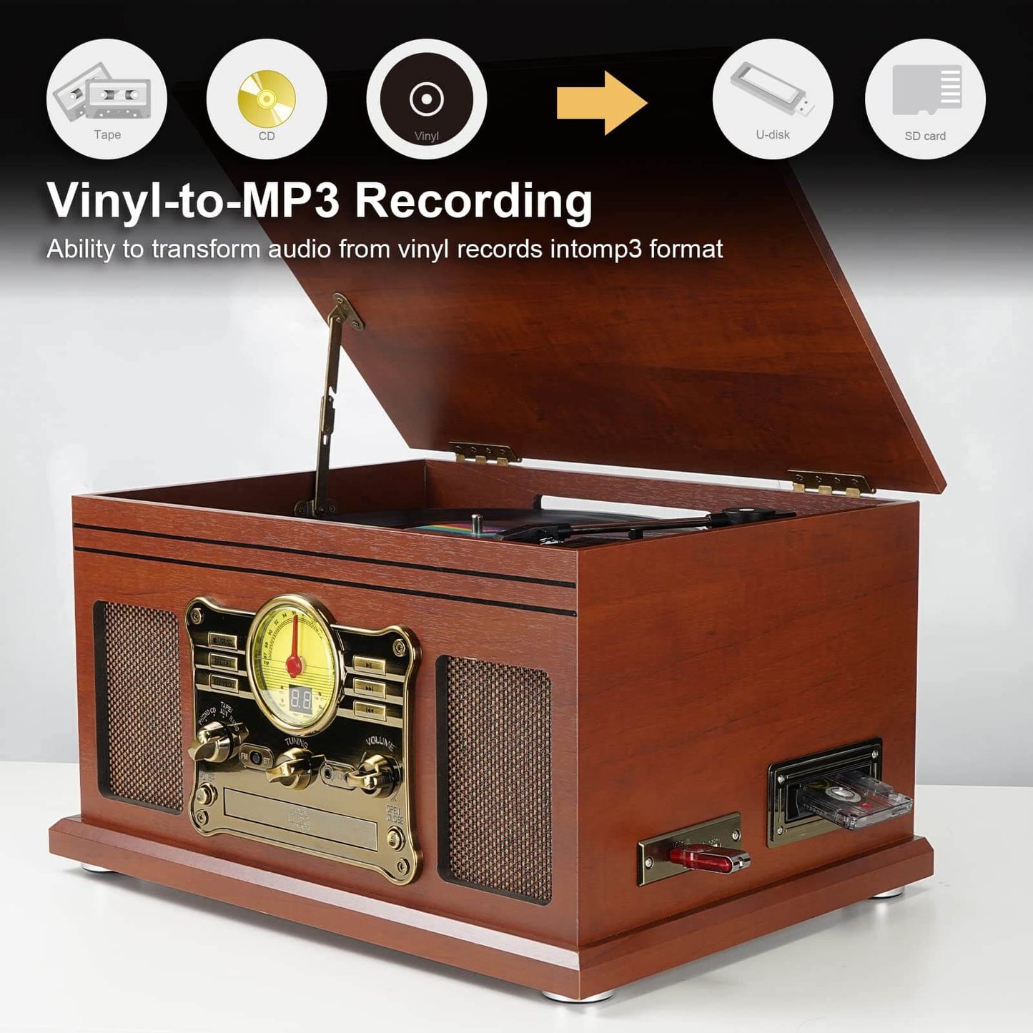Multifunctional Turntable Bluetooth Record Player with Vinyl to MP3 Converter, CD, Cassette Player, and FM Radio