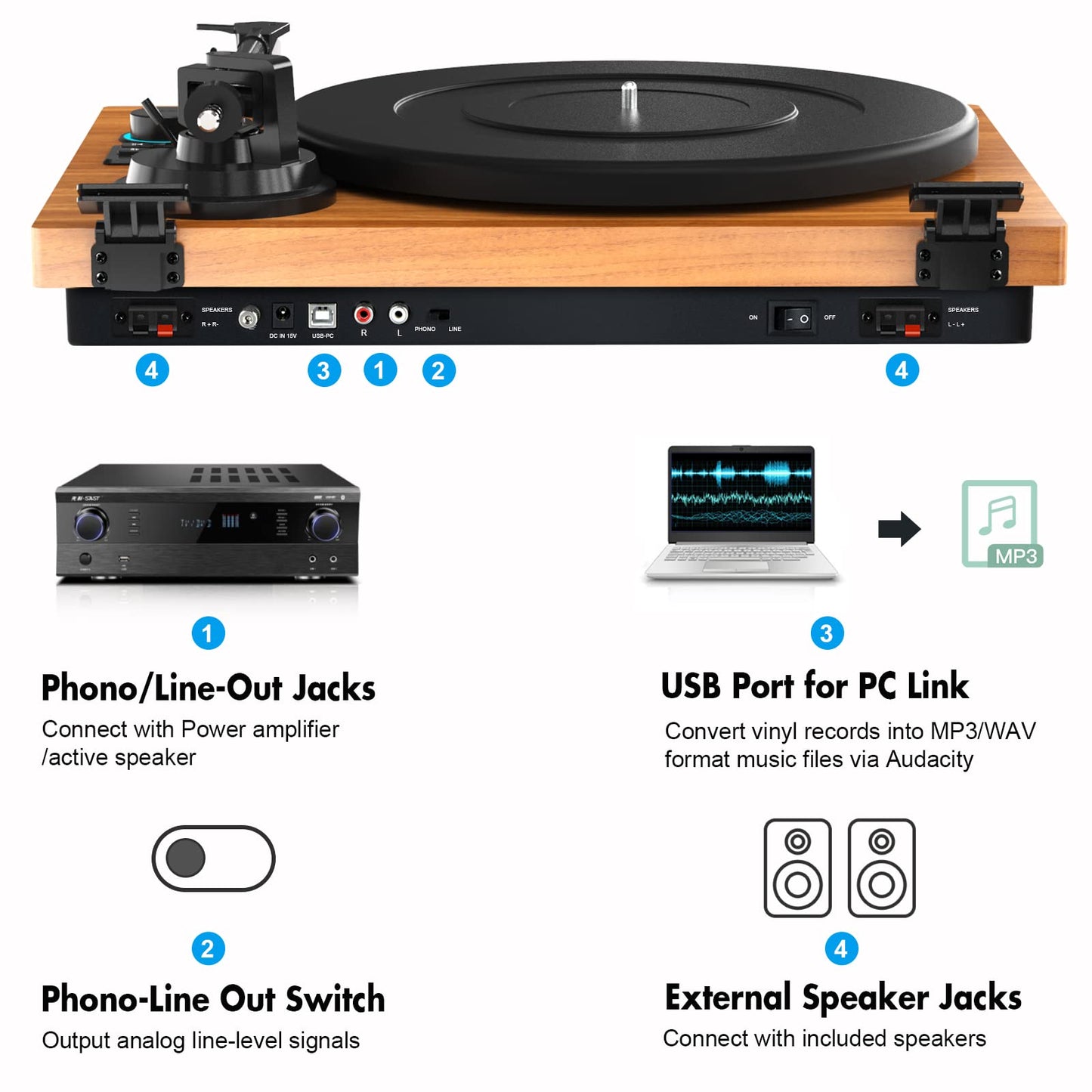 Bluetooth Record Player for Vinyl with Speakers