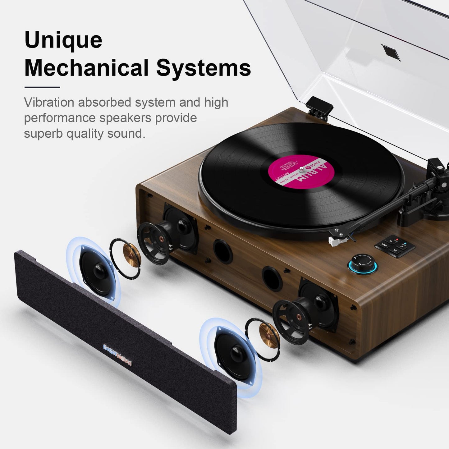 Vinyl Record Player with Belt Drive,Turntable with Built-in Hi-Fi Speakers,Record Player with Magnetic Cartridge,Supports Bluetooth Playback