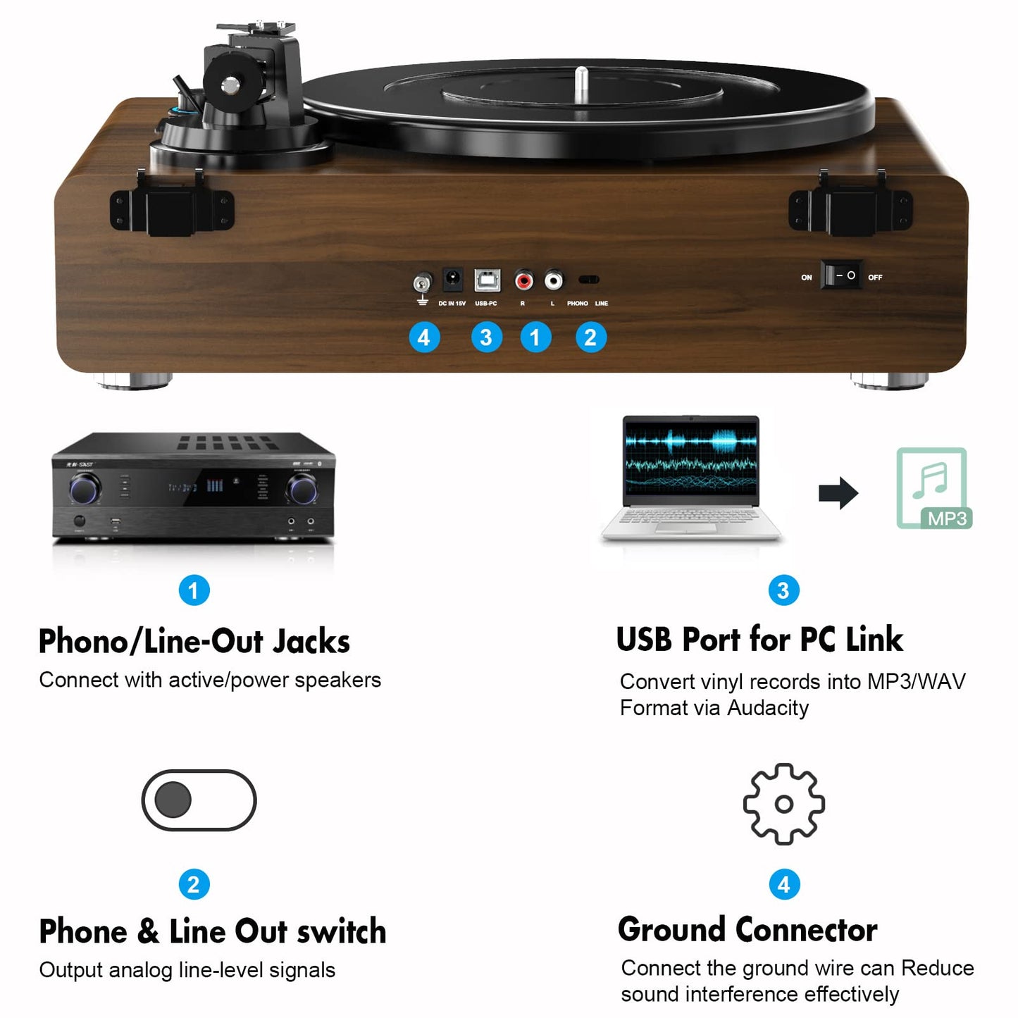 Vinyl Record Player with Belt Drive,Turntable with Built-in Hi-Fi Speakers,Record Player with Magnetic Cartridge,Supports Bluetooth Playback