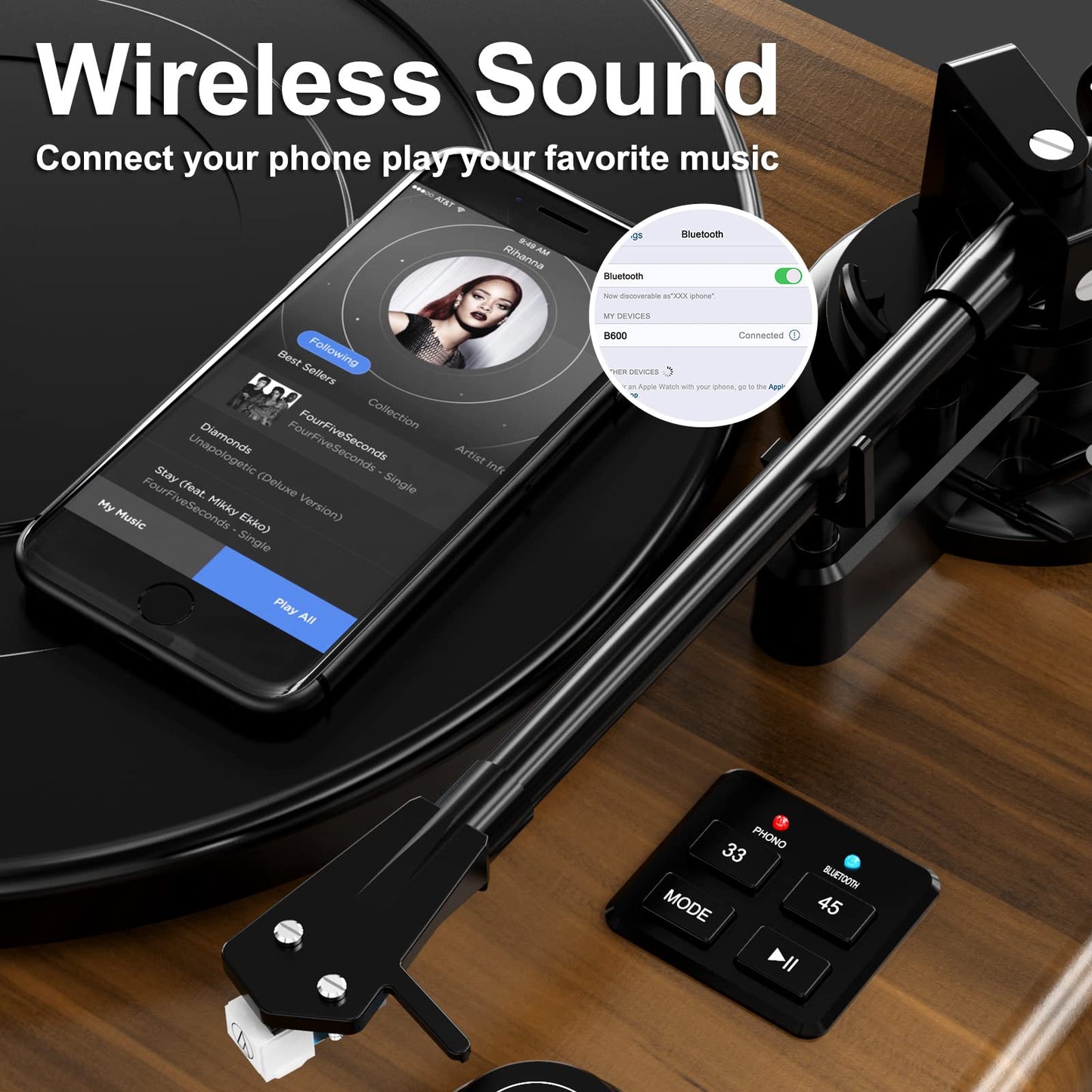 Vinyl Record Player with Belt Drive,Turntable with Built-in Hi-Fi Speakers,Record Player with Magnetic Cartridge,Supports Bluetooth Playback