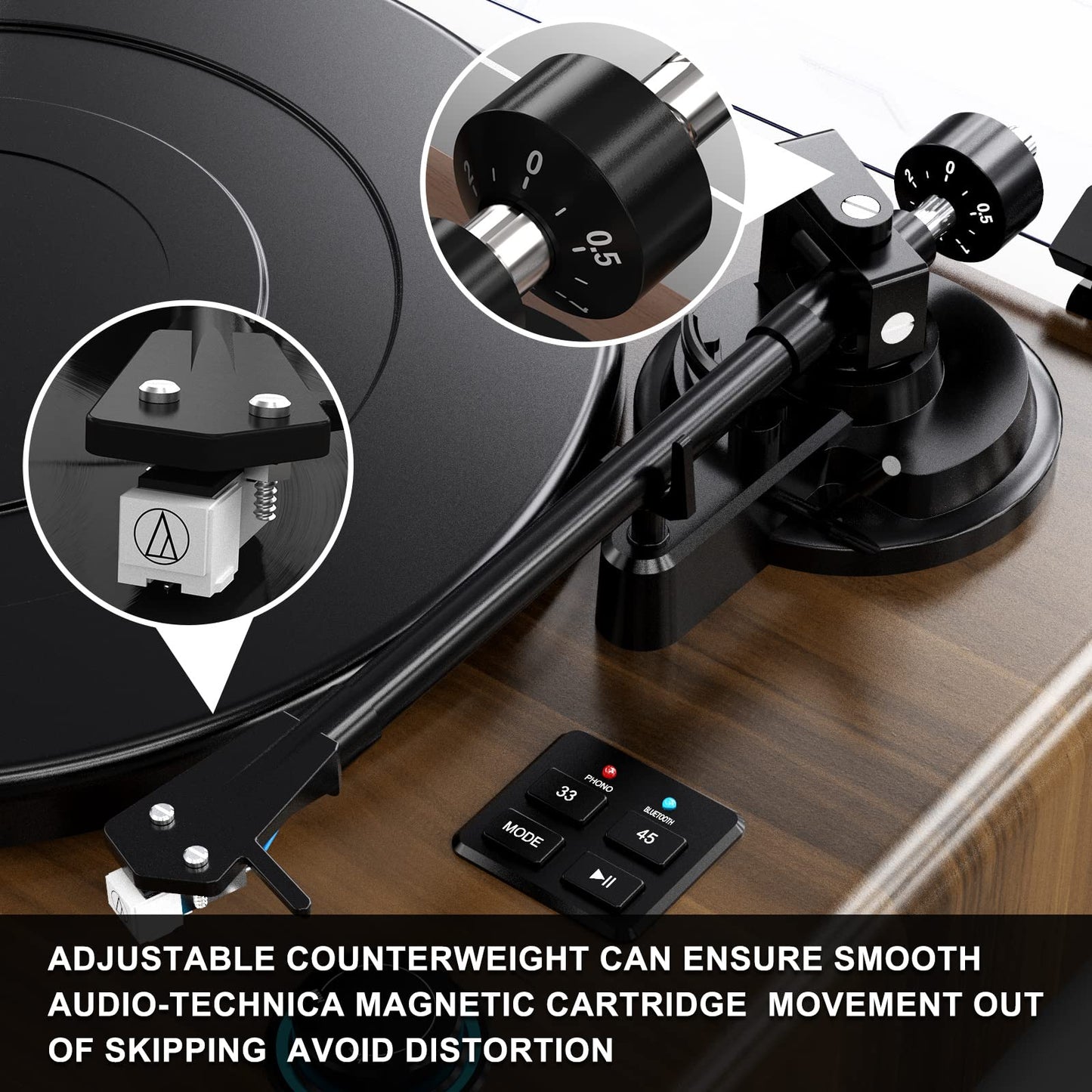 Vinyl Record Player with Belt Drive,Turntable with Built-in Hi-Fi Speakers,Record Player with Magnetic Cartridge,Supports Bluetooth Playback