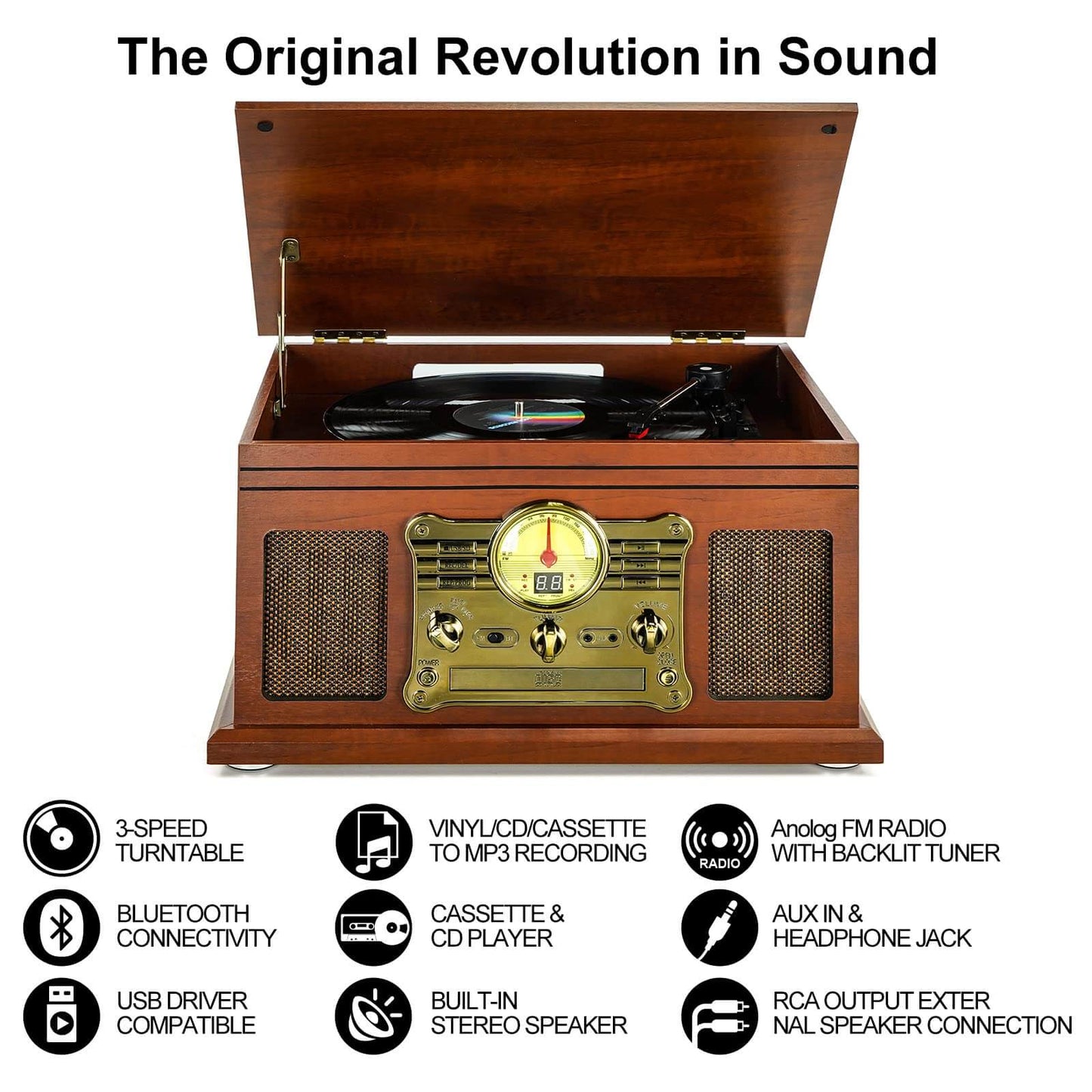 Multifunctional Turntable Bluetooth Record Player with Vinyl to MP3 Converter, CD, Cassette Player, and FM Radio