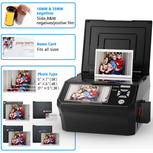 4 IN 1 FILM & SLIDE SCANNER: No Computer Required.22MP Digital Film Scanner Lets You View & Convert Your Old Color & B&W Negatives [135, 110mm] & 135 Film Slides & Name Card & Photo[5R, 4R, 3R] to Digital Files & Save Directly to Unit With The Internal 128MB Memory & 8GB SD Card ( included)