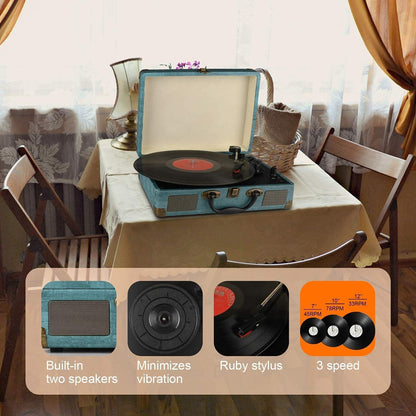 Vinyl Record Player 3 Speed Wireless Turntable with Built-in Speakers and USB