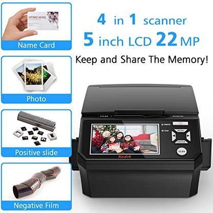 Kedok 4 IN 1 FILM & SLIDE SCANNER: No Computer Required.22MP Digital Film Scanner Lets You View & Convert Your Old Color & B&W Negatives [135, 110mm] & 135 Film Slides & Name Card & Photo[5R, 4R, 3R] to Digital Files & Save Directly to Unit With The Internal 128MB Memory & 8GB SD Card ( included)